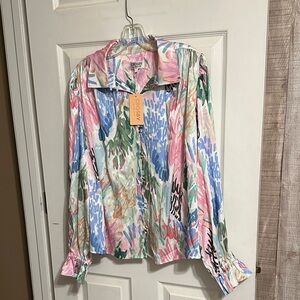 CROSBY by Mollie Burch Pastel Abstract Button-Up Blouse NWT